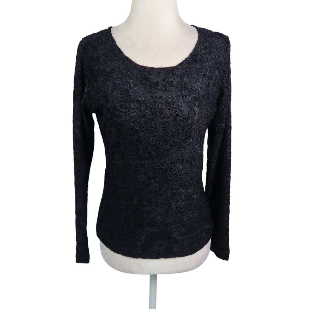 Vintage 90s Troika Black Fuzzy Lace Floral Long Sleeve T-Shirt Top